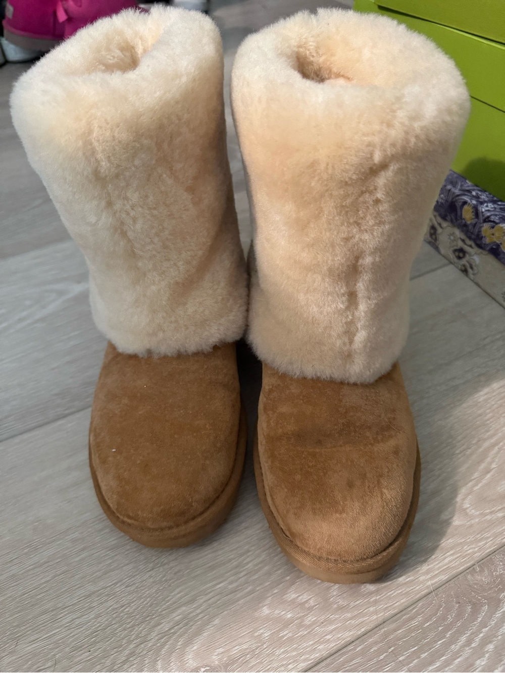UGG Cozy Shearling Mid-Calf Boots in Chestnut and Cream